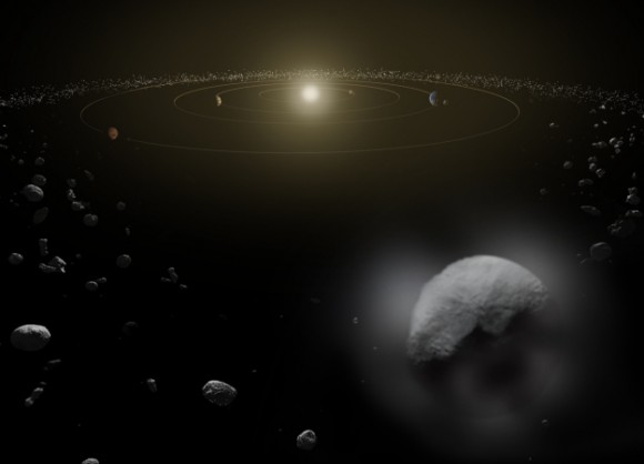 Dwarf planet Ceres is located in the asteroid belt, between the orbits of Mars and Jupiter. Observations by ESA's Herschel space observatory between 2011 and 2013 find that the dwarf planet has a thin water-vapour atmosphere. It is the first unambiguous detection of water vapour around an object in the asteroid belt. Credit: ESA/ATG medialab