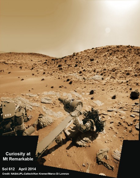 Multisol composite photo mosaic shows deployment of Curiosity’s rovers robotic arm and APXS X-ray spectrometer onto the ‘Winjana’ rock target at Mount Remarkable for evaluation as missions third drill target inside Gale Crater on Mars. The colorized navcam raw images were stitched together from several Martian days up to Sol 612, April 26, 2014. Credit: NASA/JPL-Caltech/Ken Kremer - kenkremer.com/Marco Di Lorenzo