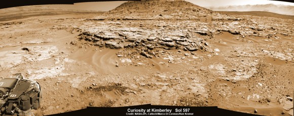 Curiosity Mars rover captured this panoramic view of a butte called "Mount Remarkable" and surrounding outcrops at “The Kimberley " waypoint on April 11, 2014, Sol 597. Colorized navcam photomosaic was stitched by Marco Di Lorenzo and Ken Kremer. Credit: NASA/JPL-Caltech/Marco Di Lorenzo/Ken Kremer - kenkremer.com