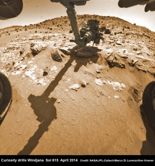 Hazcam fisheye camera image shows Curiosity drilling into “Windjana” rock target on April 29, 2014 (Sol 615). Flattened and colorized image shows Mount Remarkable butte backdrop. Credit: NASA/JPL/Marco Di Lorenzo/Ken Kremer - kenkremer.com