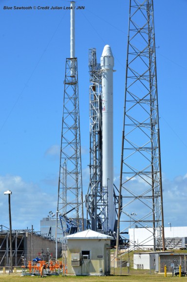 SpaceX Falcon 9 rocket preparing for April 14, 2014 liftoff from Space Launch Complex 40 at the Cape Canaveral Air Force Station, Fla. Credit: Julian Leek