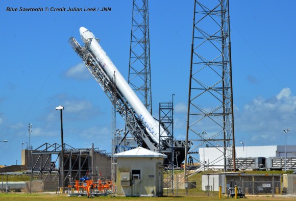SpaceX Falon 9 rocket preparing for April 14, 2014 liftoff from Space Launch Complex 40 at the Cape Canaveral Air Force Station, Fla.  Credit: Julian Leek 
