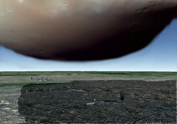 An imaginary graphic depicting how Deimos would look if it hovered over Paris, France. Credit and copyright: Ciro Villa.