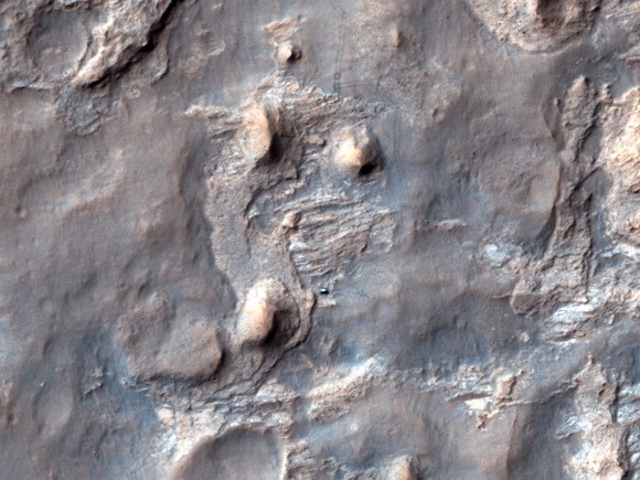 A recent image taken by the HiRISE camera on the Mars Reconnaissance Orbiter of the Curiosity rover in 