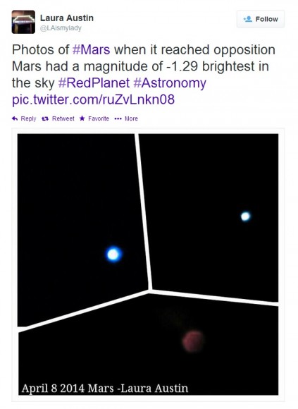 Mars: a study of color contrasts on the eve of opposition. Credit-Laura Austin @LAismylady