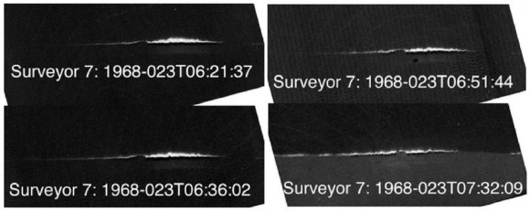 Low level horizon glow photos on the moon captured by the Surveyor 7 unmanned lander in 1968. It's possible this low altitude glow is caused by larger dust particles that don't travel as high as the smaller motes. Credit: NASA