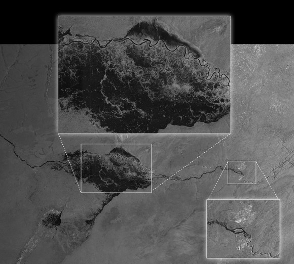 The Zambezi River in Namibia floods the Caprivi plain in this April 2014 picture captured from Sentinel-1A. The satellite was not only noted for its high resolution of the flood, but its ability to send the image quickly -- it was downloaded only two hours after it was acquired. Credit: European Space Agency