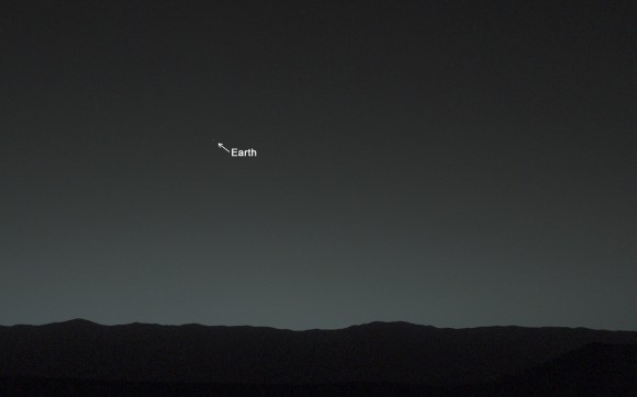 You are here! – As an Evening Star in the Martian Sky. This evening-sky view taken by NASA’s Mars rover Curiosity shows the Earth and Earth’s moon as seen on Jan. 31, 2014, or Sol 529 shortly after sunset at the Dingo Gap inside Gale Crater. Credit: NASA/JPL-Caltech/MSSS/TAMU