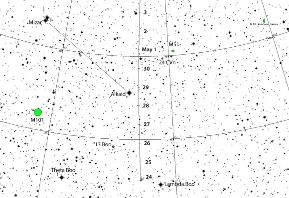 Comet K5 PANSTARRS glides from northern Bootes up the handle of the Big Dipper this coming week not far from the famed Whirlpool Galaxy M51. This map shows the sky facing east (west is at top, east at bottom) with stars to magnitude +11. Created with Chris Marriott's SkyMap software