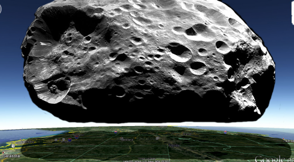A graphic of imagining the moon Phoebe (Saturn IX) hovering Central Florida. Credit and copyright: Ciro Villa.