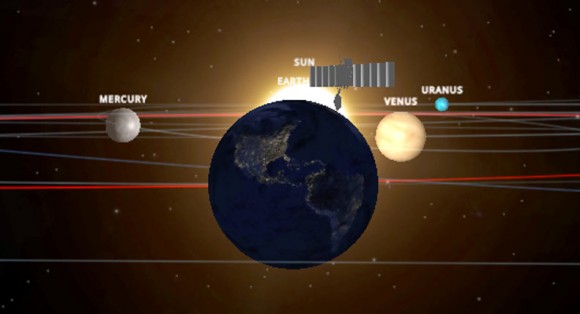 Simulator view of Rosetta's first Earth flyby / gravity assist in March 2005. The probe flew by Earth three times and Mars once to conserve fuel and send it beyond the asteroid belt to rendezvous with Comet Churyumov-Gerasimenko. Credit: INOVE