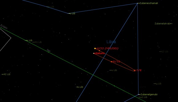 The path of Saturn through the constellation Libra from April through October 2014. Created using Starry Night Education Software.