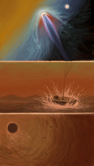 An illustration showing how a sailboat mission to Titan might land and become operational. Copyright: Estevan Guzman for Universe Today.