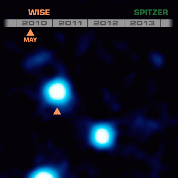 This animation shows the coldest brown dwarf yet seen, and the fourth closest system to our sun. Called WISE J085510.83-071442.5, this dim object was discovered through its rapid motion across the sky. It was first seen in two infrared images taken six months apart in 2010 by NASA's Wide-field Infrared Survey Explorer, or WISE (see orange triangles). Two additional images of the object were taken with NASA's Spitzer Space Telescope in 2013 and 2014 (green triangles). All four images were used to measure the distance to the object -- 7.2 light-years -- using the parallax effect. › See animation The Spitzer data were used to show that the body is as cold as the North Pole (or between minus 54 and 9 degrees Fahrenheit, which is minus 48 to minus 13 degrees Celsius). Image credit: NASA/JPL-Caltech/Penn State