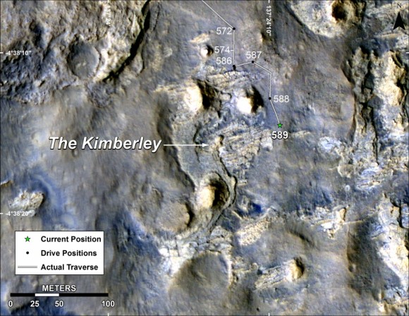 Map of Curiosity Mars Rover's Drives to 'the Kimberley' Waypoint. This map shows the route driven by NASA's Curiosity Mars rover during March and April 2014 in its approach to and arrival at a waypoint called "the Kimberley," which rover team scientists chose in 2013 as the location for the mission's next major investigations. Credit: NASA/JPL-Caltech/Univ. of Arizona