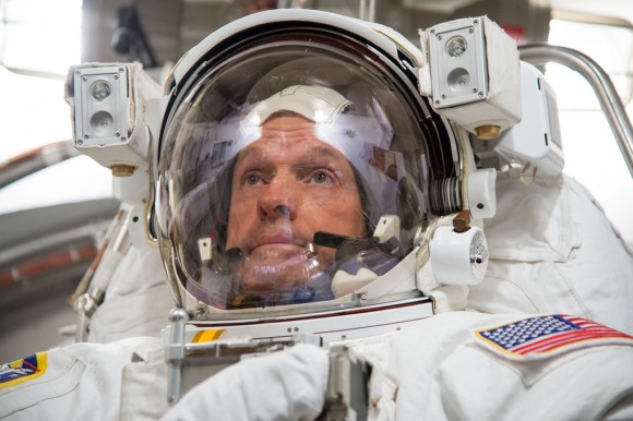 NASA astronaut Steve Swanson does a spacesuit fit check prior to the launch of Expedition 39 in March 2014. Credit: NASA