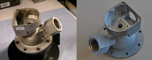 Two valves -- which is the 3-D printed one? It's the one on the right. The original (left) is a water on-off valve (Woov) flown on the European Space Agency's Columbus module on the International Space Station. The replica is 40 percent less massive. Credit: ESA