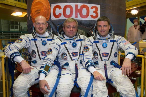The Expedition 40/41 crew prior to their launch to the International Space Station. From left, Alexander Gerst (ESA), Maxim Suraev (Roscosmos) and Reid Wiseman (NASA). Credit: NASA/Victor Zelentsov