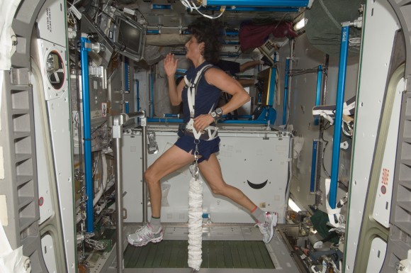 Expedition 32 astronaut Sun Williams uses the COLBERT (Combined Operational Load Bearing External Resistance Treadmill) in the Tranquility node of the International Space Station in August 2012. The treadmill was named after comedian Stephen Colbert. Credit: NASA