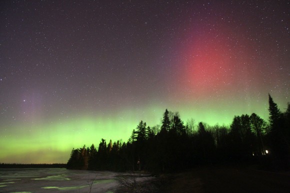 A large red patch briefly glowed above the bright green arc around 11:15 p.m. CDT last night May 3. The color was faintly visible with the naked eye. Credit: Bob King