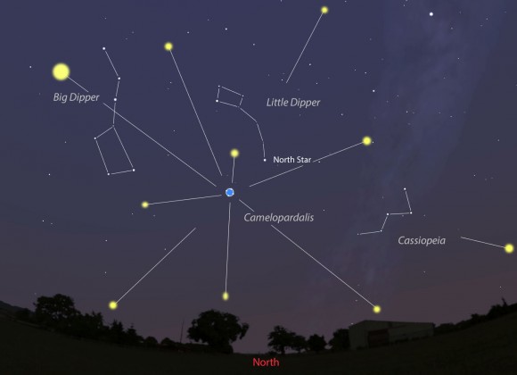 A brand new meteor shower shooting 100 and potentially as many as 400 meteors an hour may radiate from the dim constellation Camelopardalis below the North Star Saturday morning May 24. This map shows the sky facing north around 2 a.m. from the central U.S. around 2 a.m. Saturday. Stellarium