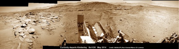 Curiosity’s panoramic view departing Mount Remarkable and ‘The Kimberley Waypoint’ where rover conducted 3rd drilling campaign inside Gale Crater on Mars. The navcam raw images were taken on Sol 630, May 15, 2014, stitched and colorized. Credit: NASA/JPL-Caltech/Ken Kremer – kenkremer.com/Marco Di Lorenzo