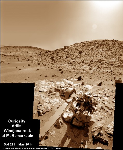 Composite photo mosaic shows deployment of NASA Curiosity rovers robotic arm and two holes after drilling into ‘Windjana’ sandstone rock on May 5, 2014, Sol 621, at Mount Remarkable as missions third drill target for sample analysis by rover’s chemistry labs. The navcam raw images were stitched together from several Martian days up to Sol 621, May 5, 2014 and colorized. Credit: NASA/JPL-Caltech/Ken Kremer - kenkremer.com/Marco Di Lorenzo