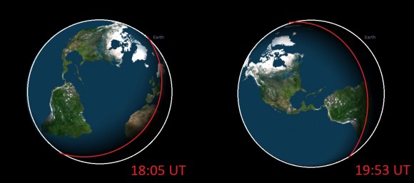 The hemisphere of the Earth facing towards Jupiter from the beginning of the triple shadow transit to the end. the red line marks the day/night terminator. Credit: Stellarium.