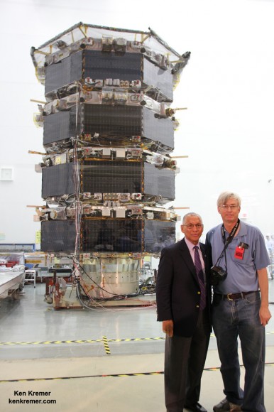 NASA Administrator Charles Bolden and Ken Kremer (Universe Today) inspect NASA’s Magnetospheric Multiscale (MMS) mated quartet of stacked spacecraft at the cleanroom at NASA's Goddard Space Flight Center in Greenbelt, Md., on May 12, 2014. Credit: Ken Kremer- kenkremer.com
