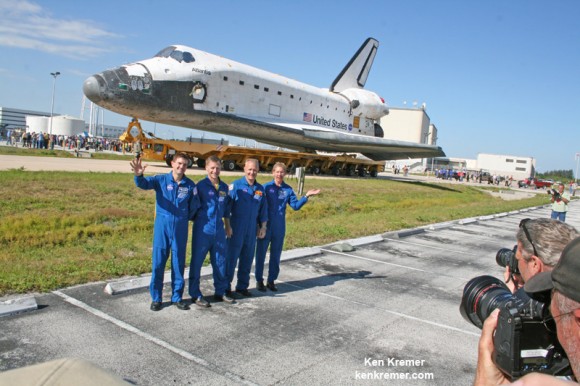 NASA’s final shuttle crew on STS-135 mission greets the media and shuttle workers during Atlantis rollover from the OPF-1 processing hanger to the VAB at KSC during May 2011. From left: Rex Walheim, Shuttle Commander Christopher Ferguson, Douglas Hurley and Sandra Magnus. The all veteran crew will delivered the Raffaello multipurpose logistics module (MPLM), science supplies, provisions and space parts to the International Space Station (ISS). Credit: Ken Kremer - kenkremer.com