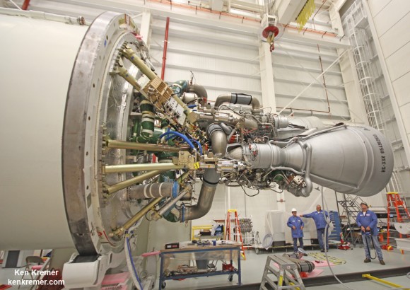 Side view of two AJ26 first stage engines at the base of an Antares rocket during exclusive visit by Ken Kremer/Universe Today. These engines powered the successful Antares liftoff on Jan. 9, 2014 at NASA Wallops, Virginia. Credit: Ken Kremer - kenkremer.com