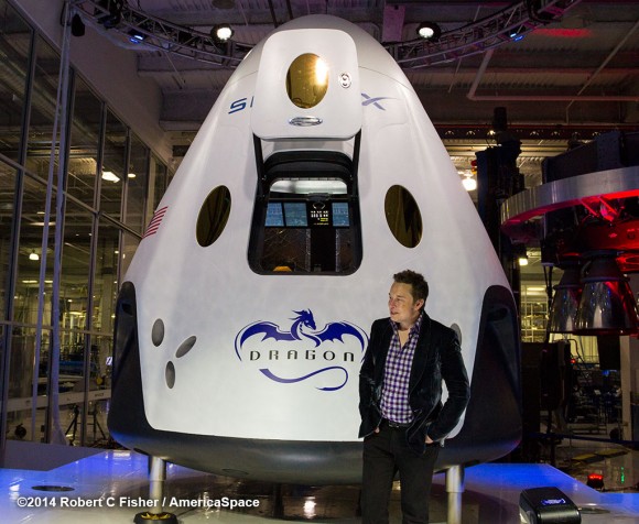 SpaceX CEO Elon Musk unveils SpaceX Dragon V2 next generation astronaut spacecraft on May 29, 2014. Credit: Robert Fisher/America Space