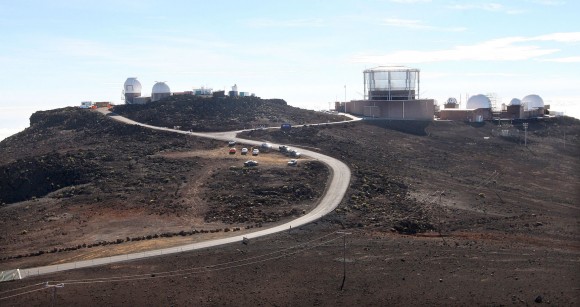 DKIST is under construction in the observatory complex on Haleakala Crater in Maui, Hawaii. The Maui Space Surveillance is the large structure near top center. Photo take Oct. 2013. Credit: Bob King