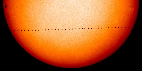 Mercury's path across the solar disk as seen from the Solar and Heliospheric Observatory (SOHO) on November 8, 2006. The transit was visible in eastern Europe and the eastern hemisphere. Credit: NASA.