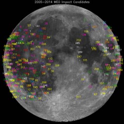 Meteorite impact flashes seen from 2005 to the present. Fewer are seen in the white areas (lunar highlands) because flashes blend in compared to those occurring on the darker lunar 'seas' or maria. Credit: NASA