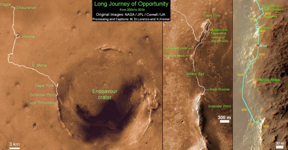 Traverse Map for NASA's Opportunity rover from 2004 to 2014 - A Decade on Mars.  This map shows the entire path the rover has driven during a decade on Mars and over 3660 Sols, or Martian days, since landing inside Eagle Crater on Jan 24, 2004 to current location along Murray Ridge south of Solander Point summit at the western rim of Endeavour Crater and heading to clay minerals at Cape Tribulation.  Opportunity discovered clay minerals at Esperance - indicative of a habitable zone.  Credit: NASA/JPL/Cornell/ASU/Marco Di Lorenzo/Ken Kremer