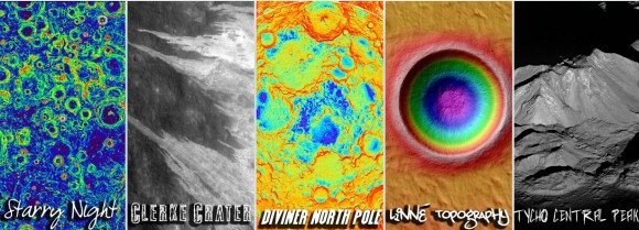 Five moon pictures based on data gathered by the Lunar Reconnaissance Orbiter. Credit: NASA