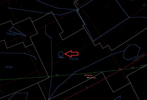 The general field of PU Piscium A & B in the night sky... note that this currently puts it in the dawn sky, near Venus and Uranus! Credit: Starry Night.