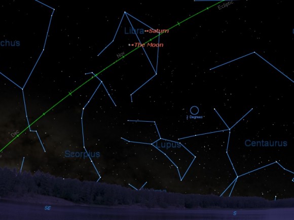 Looking to the southeast from latitude 30 degrees north from the US east coast at 10PM EDT. Created using Starry Night Education software.