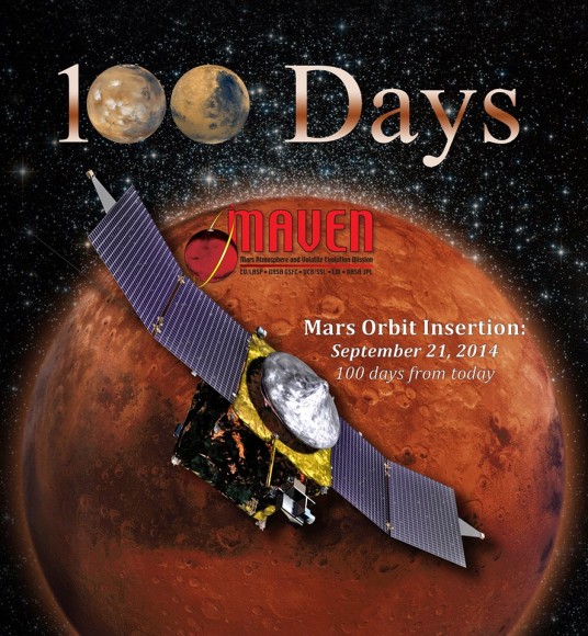 MAVEN - NASA’s next Red Planet orbiter - marks 100 days from Mars orbit insertion (MOI) engine firing on Friday the 13th of June 2014. MAVEN arrives at Mars on September 21, 2014. Credit: NASA