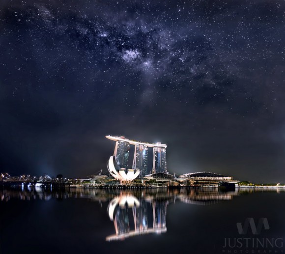 Rising Milky Way above Marina Bay Sands in Singapore on April 10,  2014.  Credit and copyright: Justin Ng. 