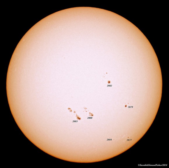 A look at the Sun from the UK on June 9, 2014. Prime focus single shot in whitelight, Canon 600D attached to Maksutov 127mm telescope fitted with homemade Baader Solarfilm filter. Credit and copyright: Sarah and Simon Fisher.