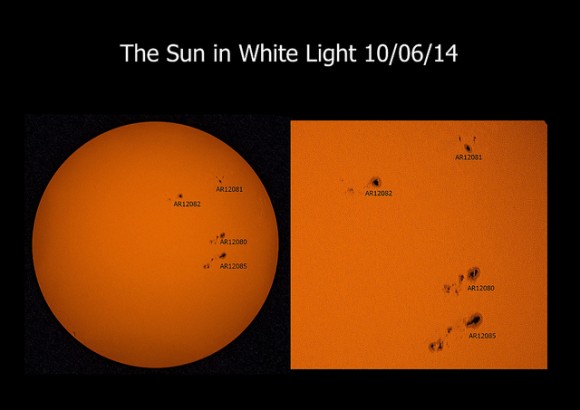 The Sun in white light on June 10, 2014. Taken with a William Optics 70mm refractor fitted with a Thousand Oaks solar filter, 2 x Barlow and Canon 1100D. Credit and copyright: Mary Spicer.