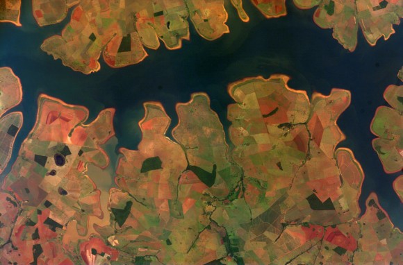 Sao Simao Reservoir in Brazil. Picture taken by an Expedition 16 crew member on the International Space Station. Credit: NASA/ISS