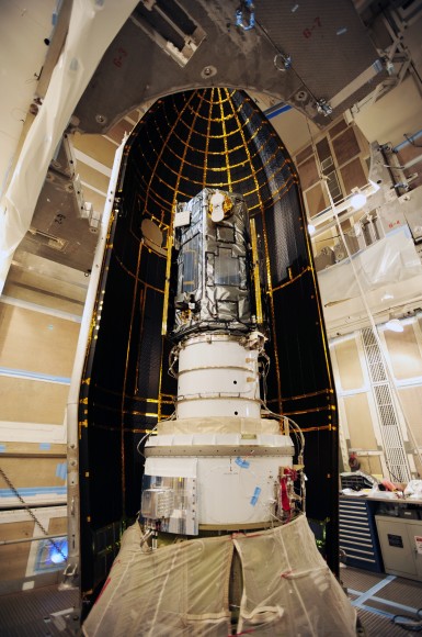 NASA's Orbiting Carbon Observatory-2, or OCO-2, inside the payload fairing in the mobile service tower at Space Launch Complex 2 on Vandenberg Air Force Base in California. The fairing will protect OCO-2 during launch aboard a United Launch Alliance Delta II rocket, scheduled for 5:56 a.m. EDT on July 1. OCO-2 is NASA’s first mission dedicated to studying atmospheric carbon dioxide, the leading human-produced greenhouse gas driving changes in Earth’s climate. Credit: NASA/30th Space Wing USAF