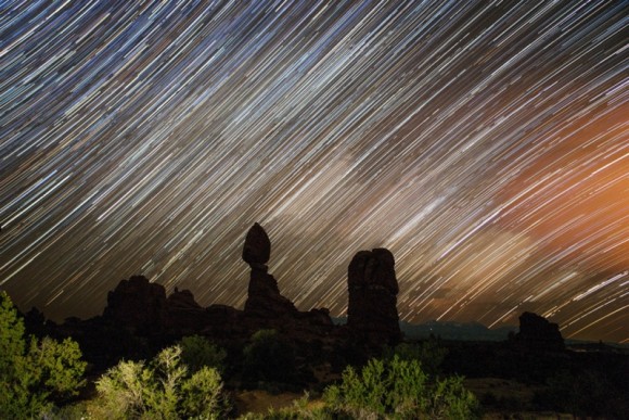 Star trails at Balanced Rock in the Arches National Park in Utah on May 30, 2014. Credit and copyright: César Cantu.