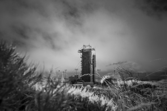 NASA’s Orbiting Carbon Observatory-2 (OCO-2) at the Launch Pad.  This black-and-white infrared view shows the launch gantry, surrounding the United Launch Alliance Delta II rocket with the Orbiting Carbon Observatory-2 (OCO-2) satellite onboard. The photo was taken at Space Launch Complex 2, Friday, June 27, 2014, Vandenberg Air Force Base, Calif. OCO-2 is set for a July 1, 2014 launch. Credit: NASA/Bill Ingalls