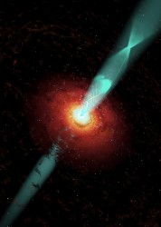 If we could see the blazar 3C 354.3 up close it would look something like this. A bright accretion disk surrounds a black hole. Twin jets of radiation beam from the center. Credit: Cosmovision