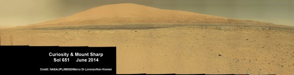 Curiosity rover panorama of Mount Sharp captured on June 6, 2014 (Sol 651) during traverse inside Gale Crater.   Assembled for Mastcam color camera raw images and stitched by Marco Di Lorenzo and Ken Kremer.   Credit:   NASA/JPL/MSSS/Marco Di Lorenzo/Ken Kremer-kenkremer.com