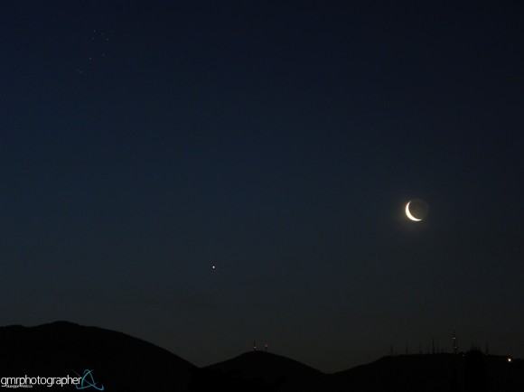 A beautiful conjunction between the Moon, the very bright planet Venus, and the easily recognizable open star cluster of the Pleiades from central Italy on the morning of June 24, 2014. Credit and copyright: Giuseppe Petricca.